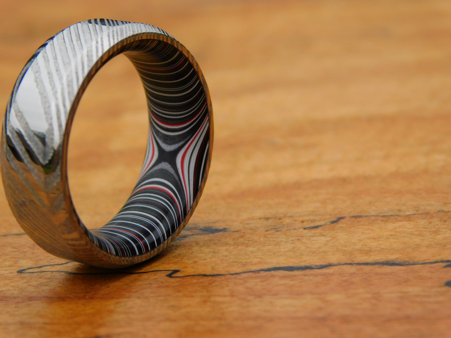 Stainless Damascus x Crosscut Fordite Ring