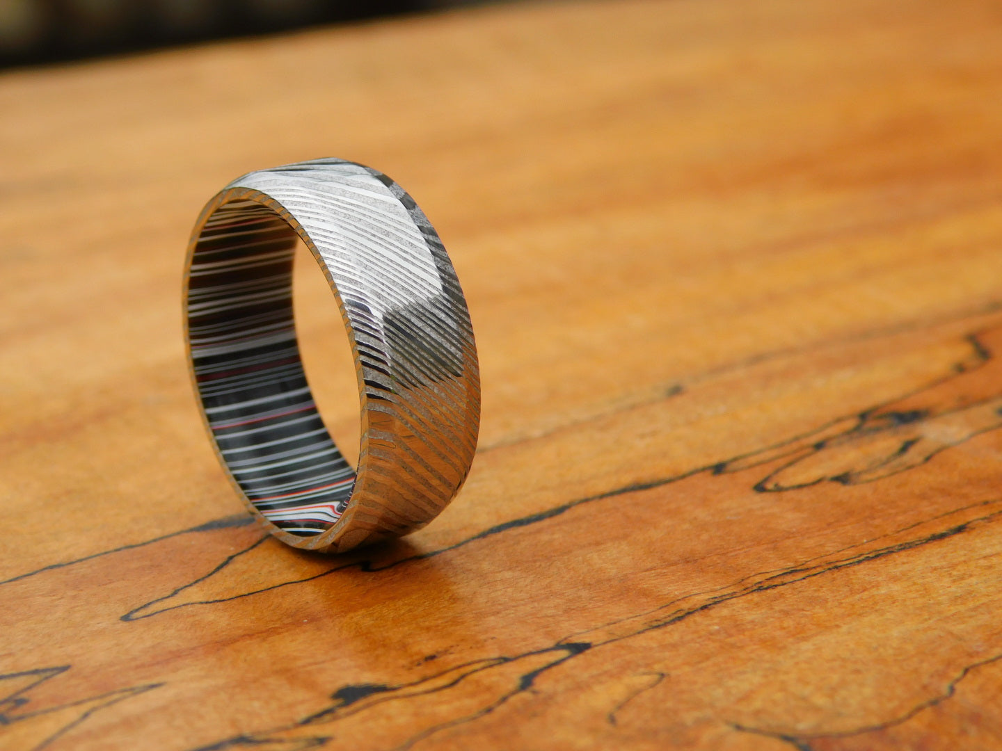 Stainless Damascus x Crosscut Fordite Ring