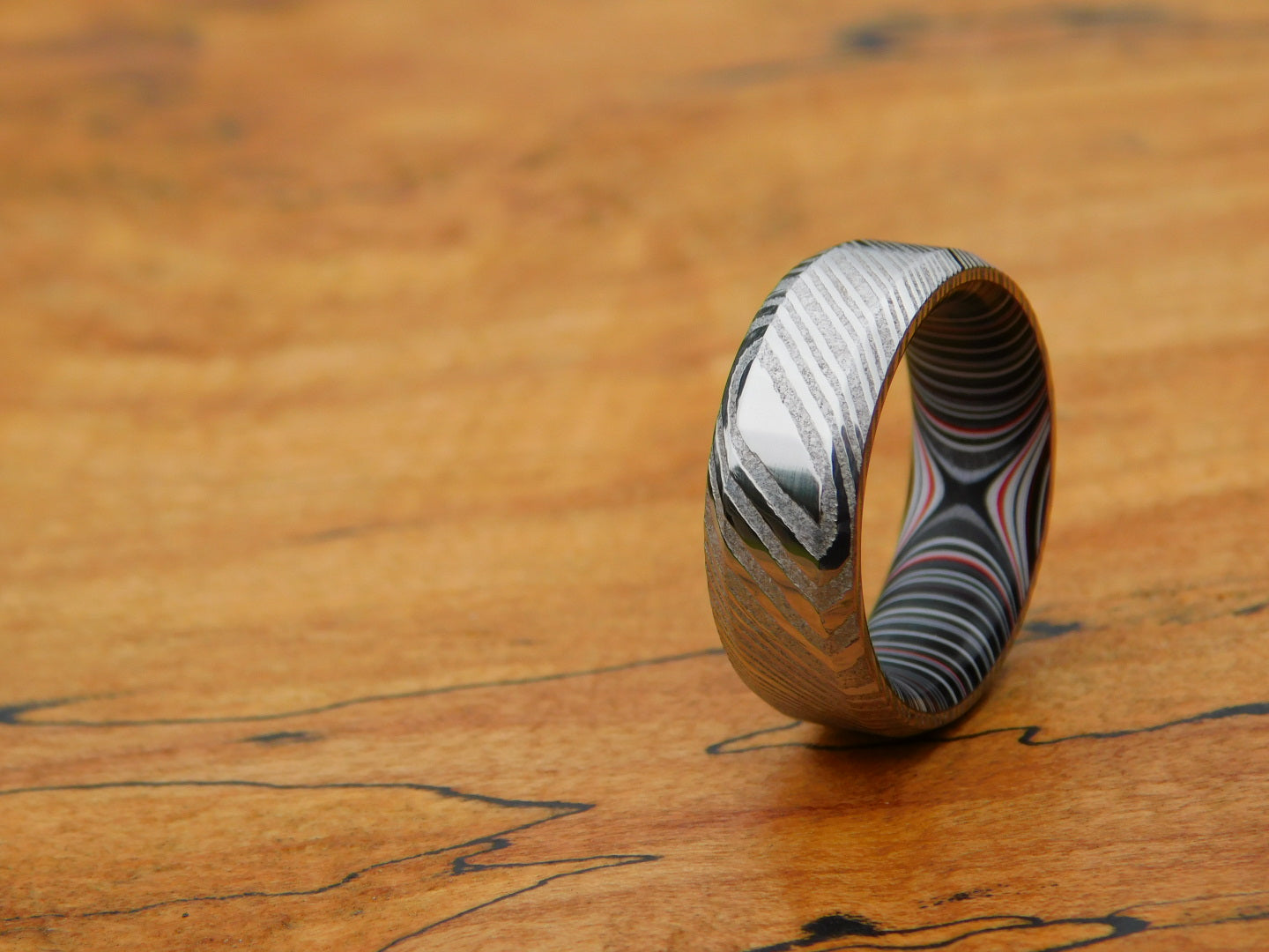 Stainless Damascus x Crosscut Fordite Ring