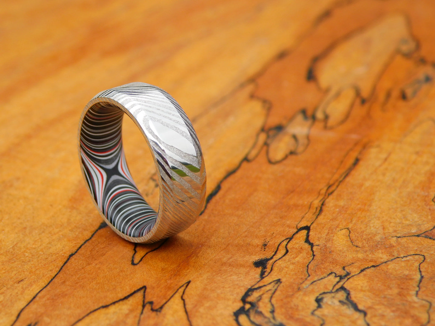 Stainless Damascus x Crosscut Fordite Ring