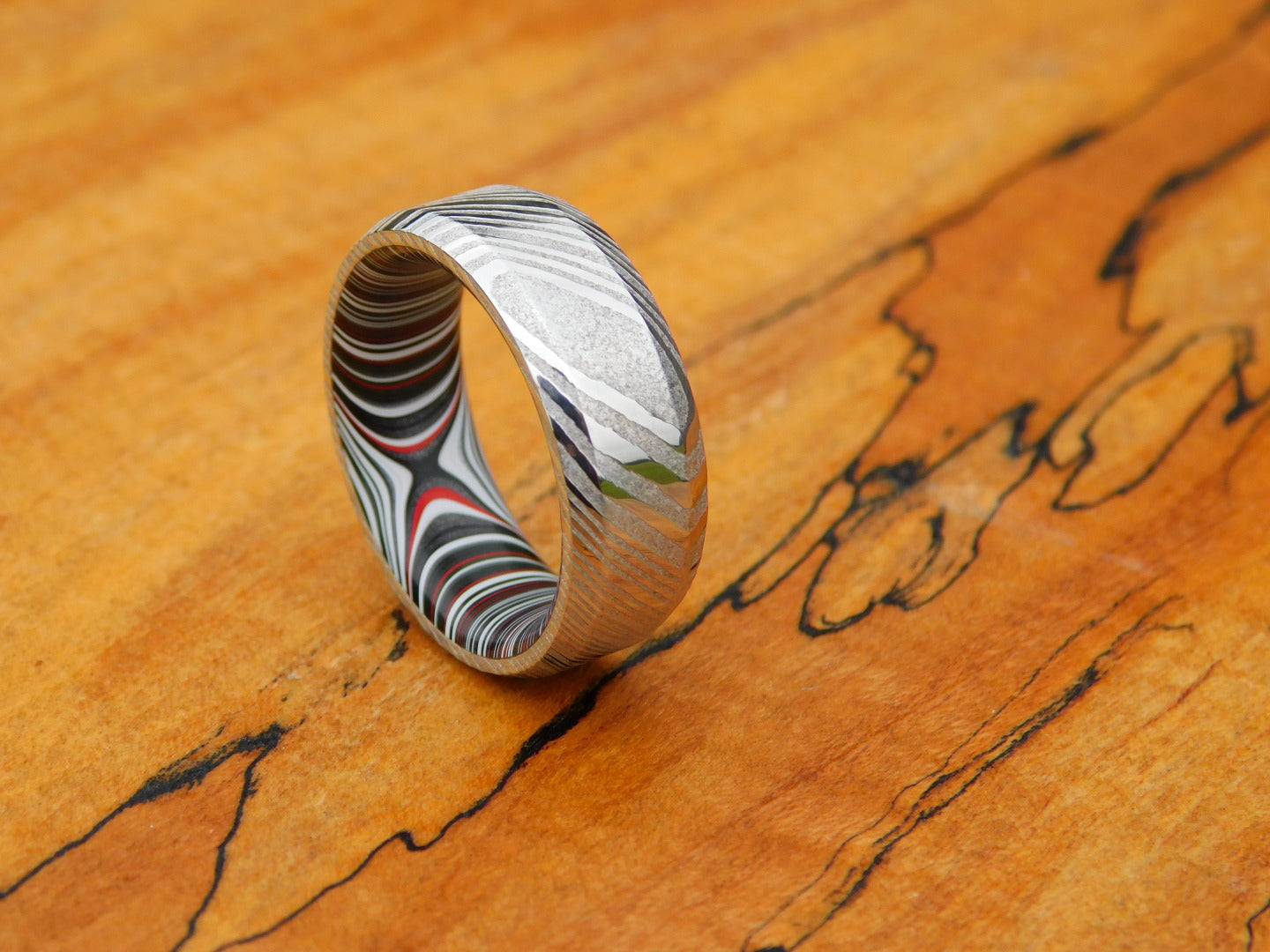 Stainless Damascus x Crosscut Fordite Ring