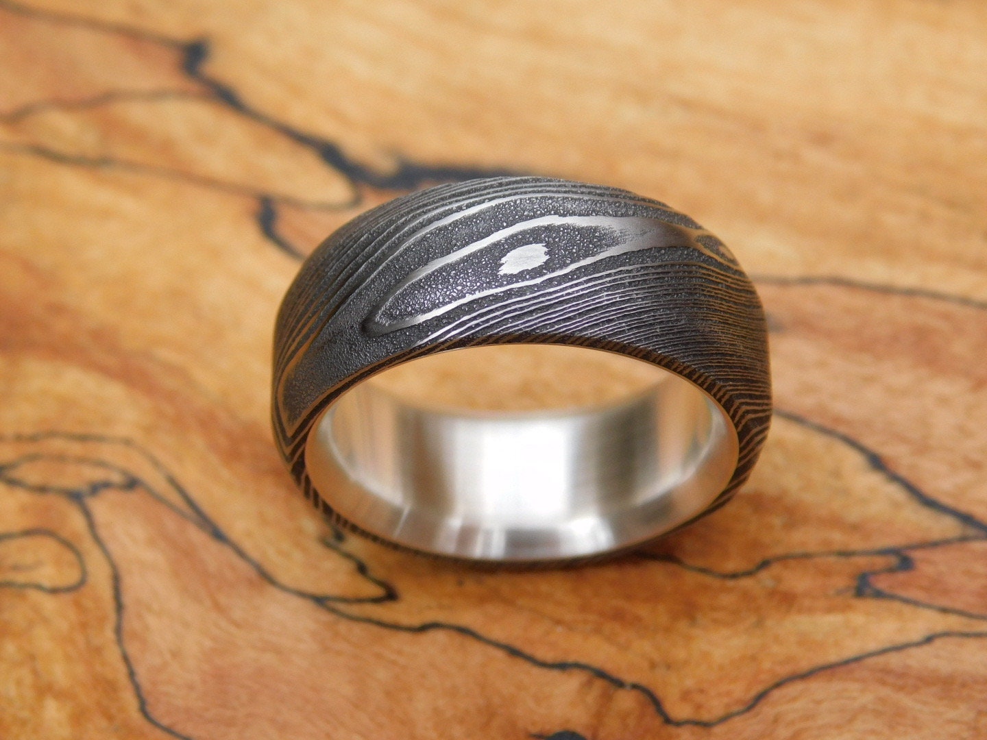 Stainless Damascus x Sterling Silver Ring