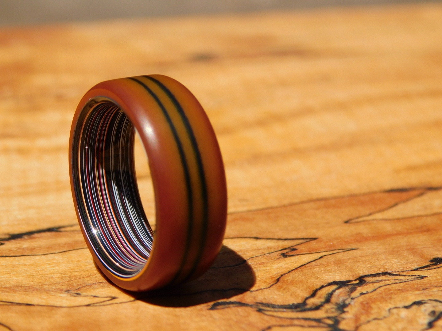 Westinghouse Double Black Line Butterscotch Micarta x Fordite Ring