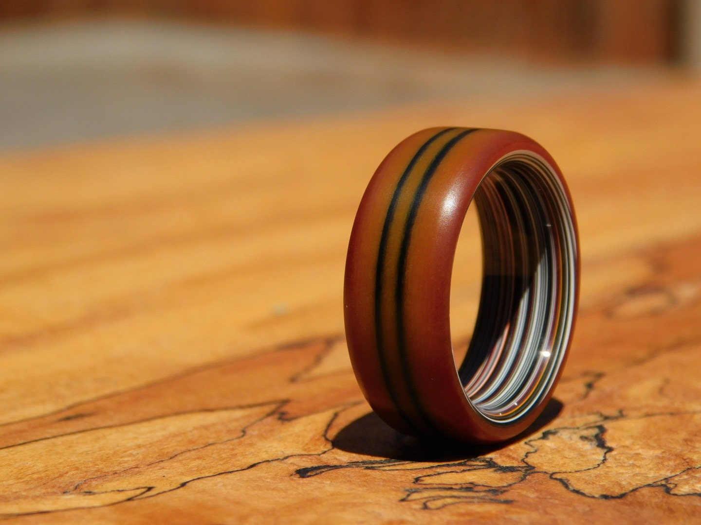 Westinghouse Double Black Line Butterscotch Micarta x Fordite Ring