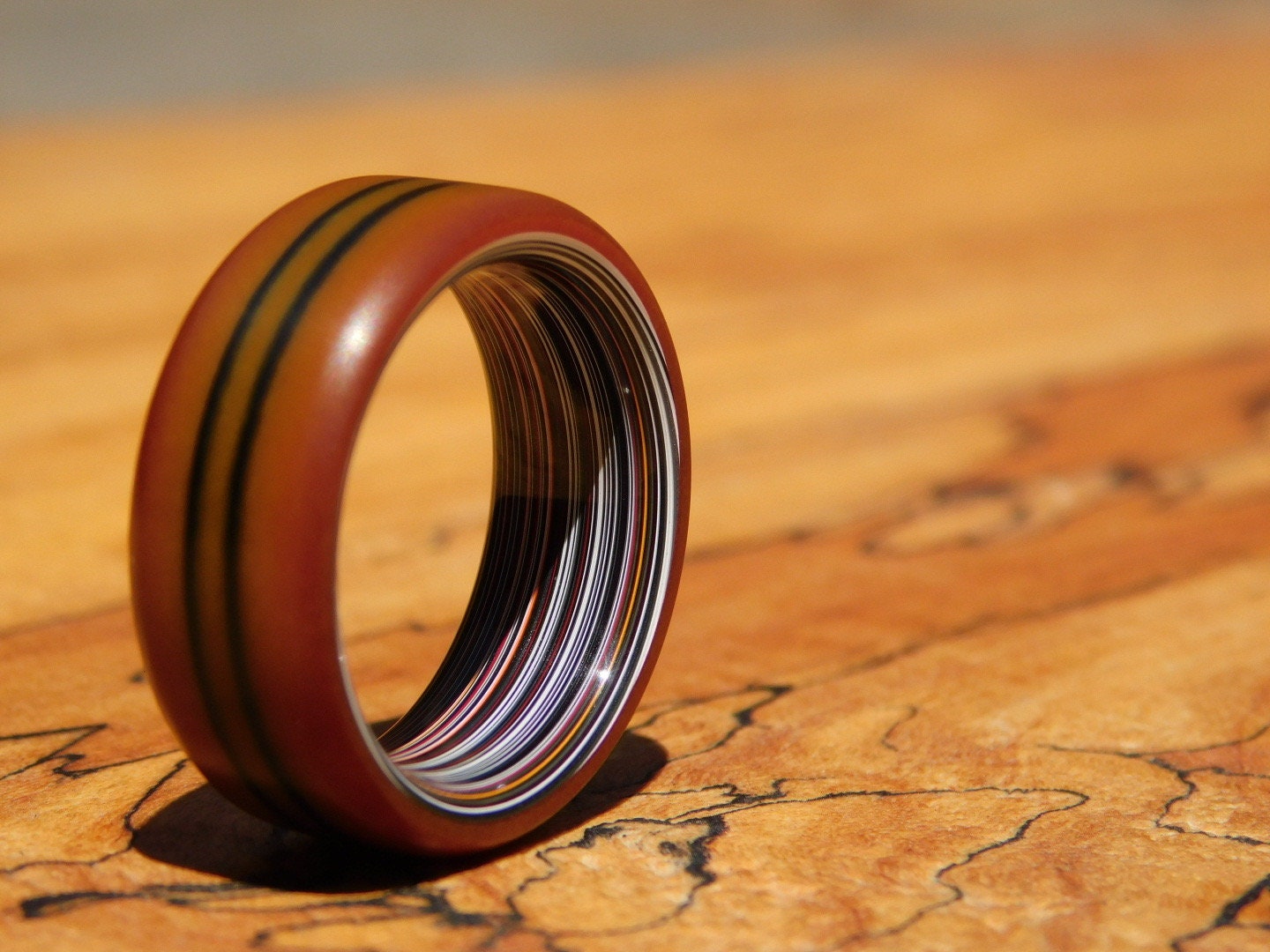 Westinghouse Double Black Line Butterscotch Micarta x Fordite Ring