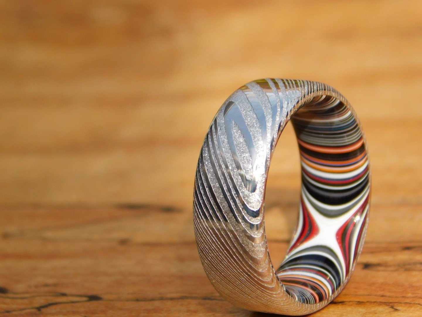 Stainless Damascus x Crosscut Fordite Ring