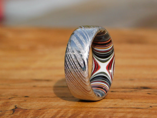 Stainless Damascus x Crosscut Fordite Ring