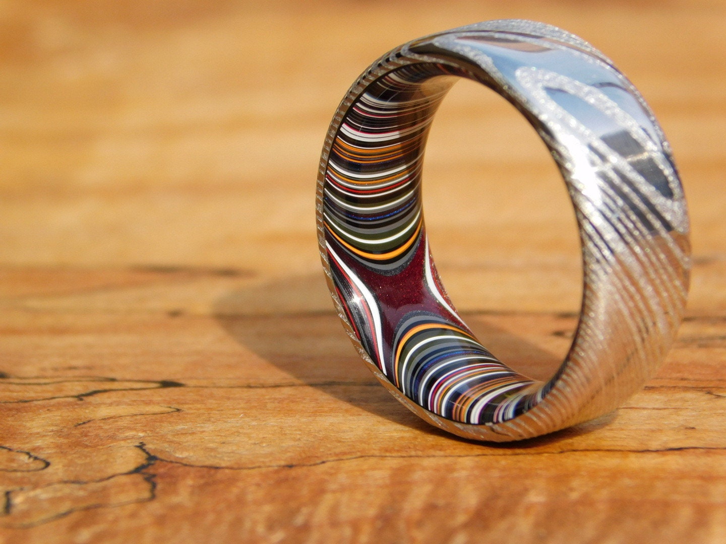 Stainless Damascus x Crosscut Fordite Ring