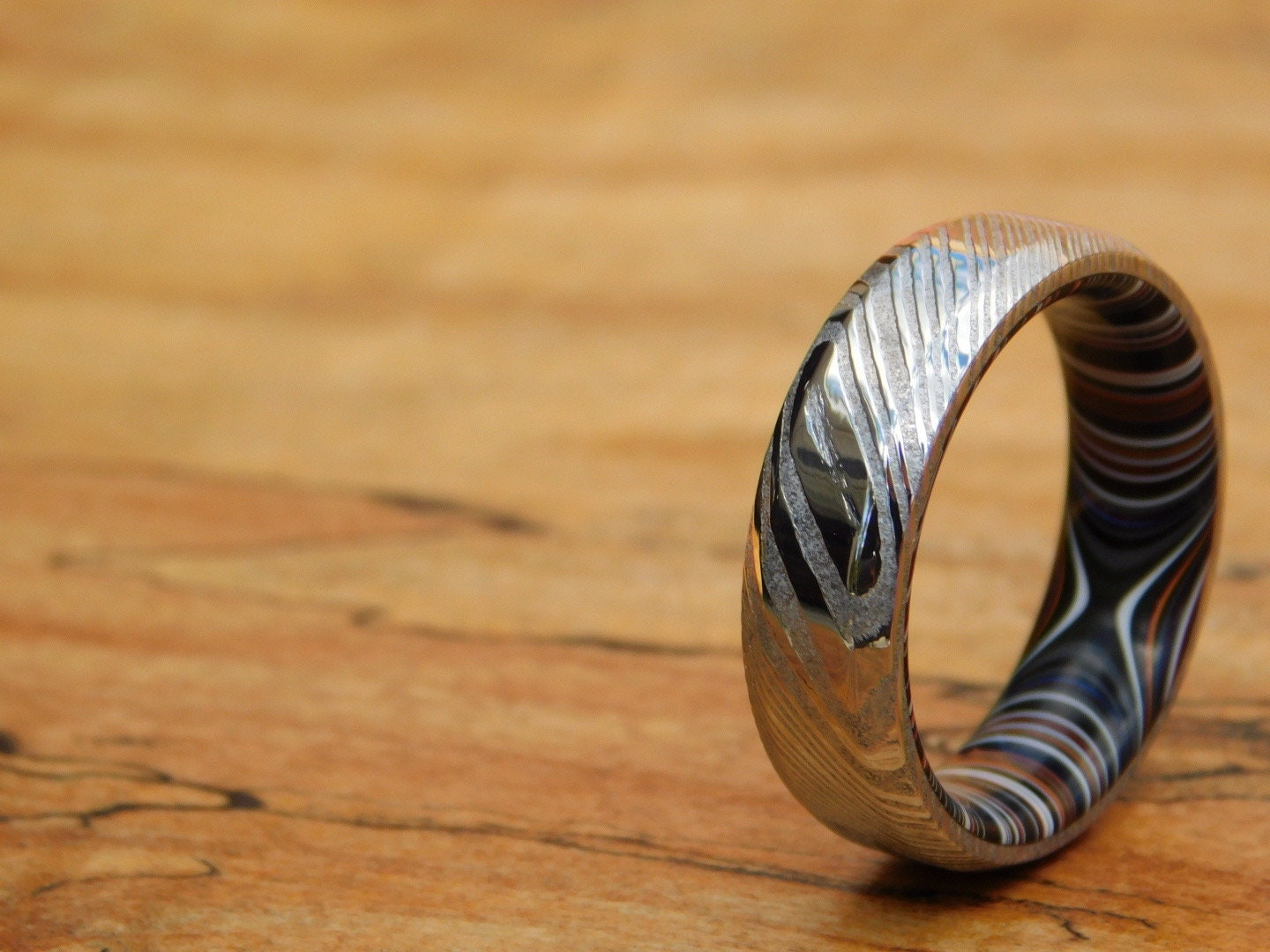 Stainless Damascus x Crosscut Fordite Ring