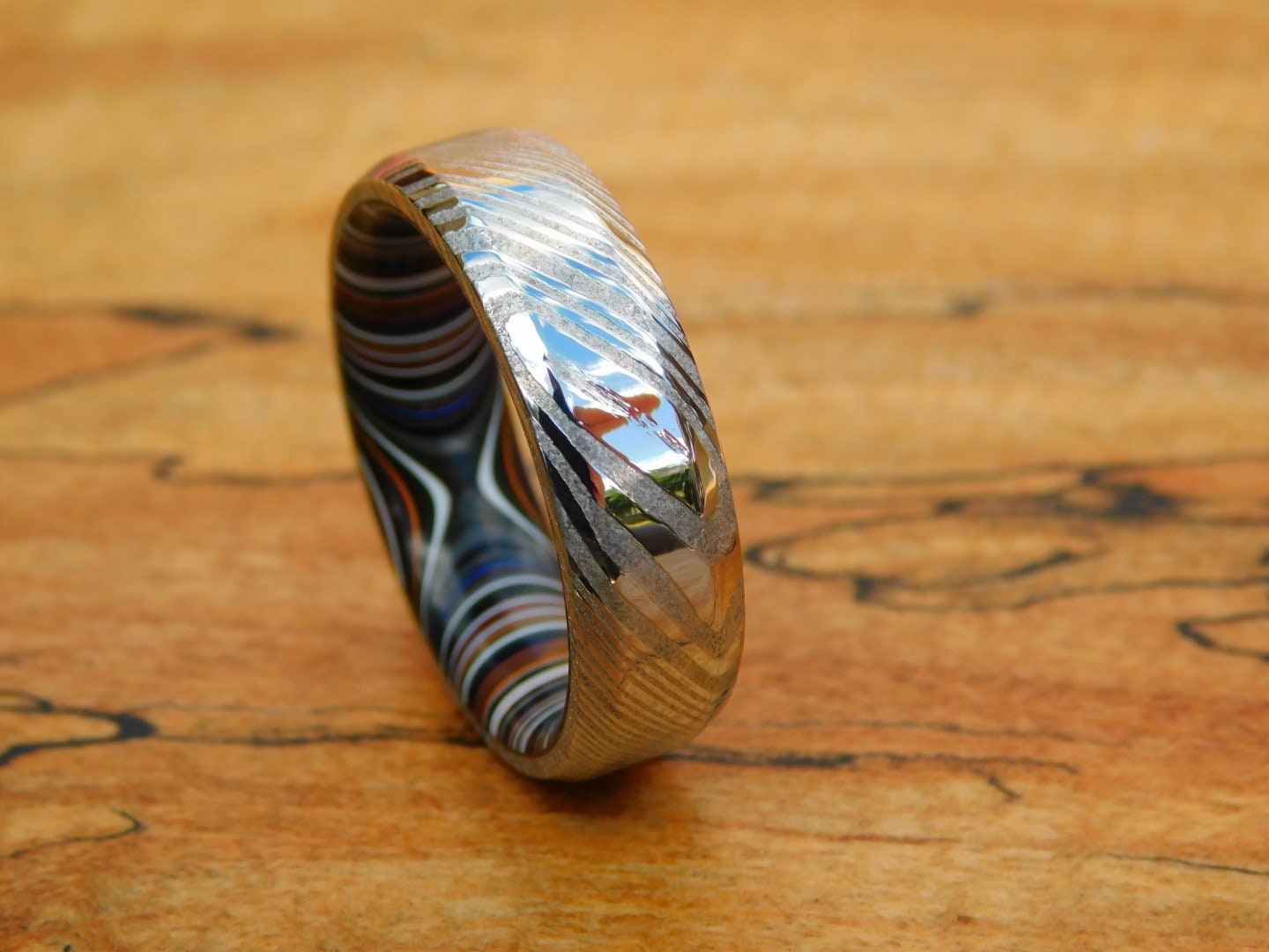 Stainless Damascus x Crosscut Fordite Ring